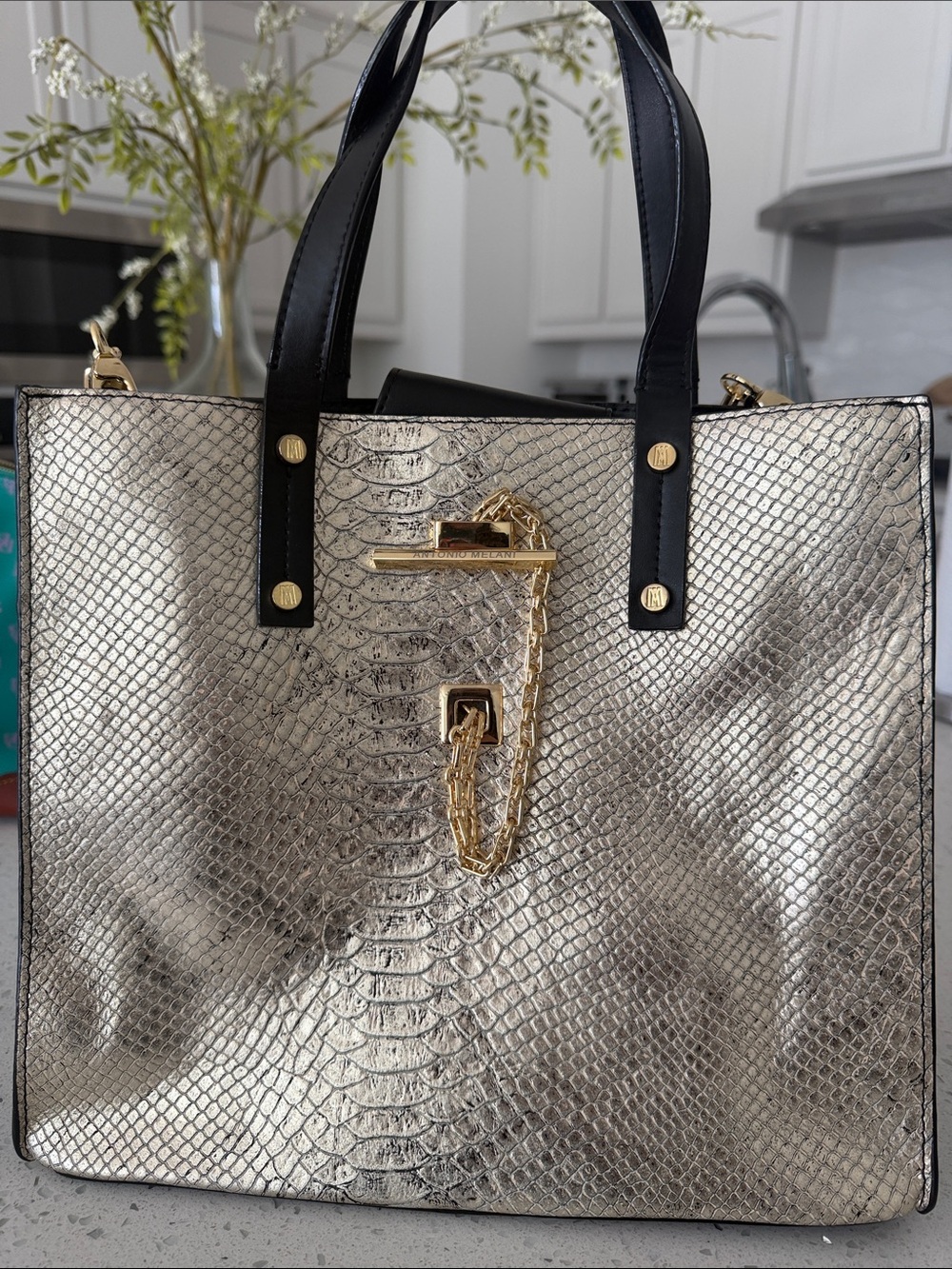 ANTONIO MELANI Metallic Gold Snake-Embossed Tote with Black Handles